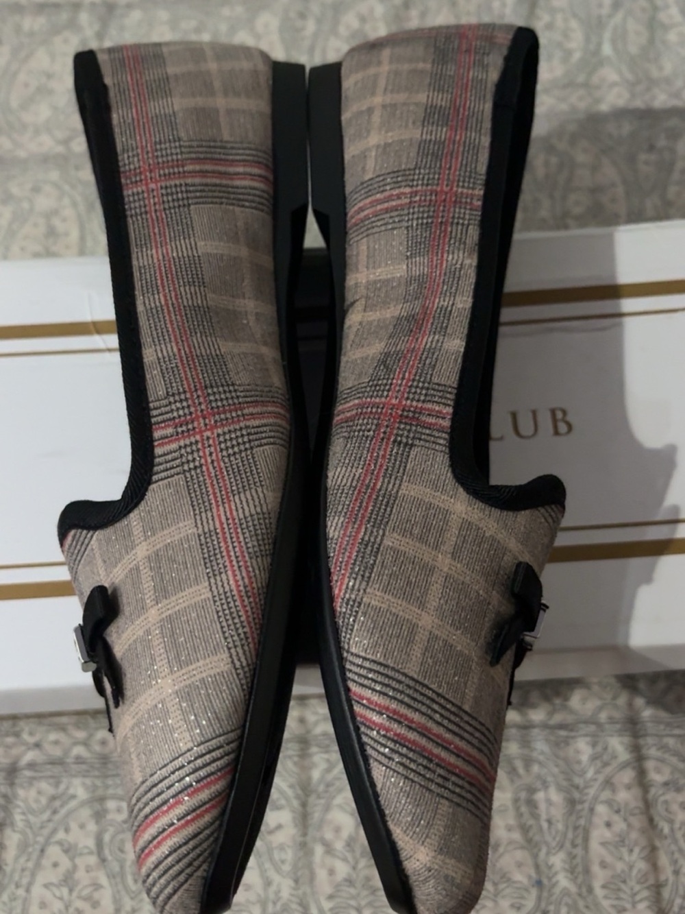 Charter Club Plaid Bow Flats in Beige, Black and Red Accent - Picture 2 of 4